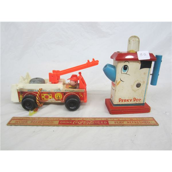 Lot of 2 Vintage Fisher Price Toys Wooden Perky Pot and Fire Engine