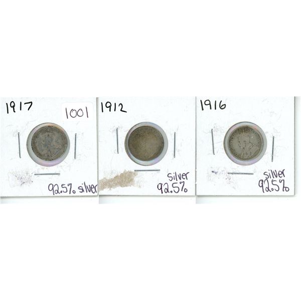 1912, 1917 and 1916 Canadian Dimes (92.5% Silver)