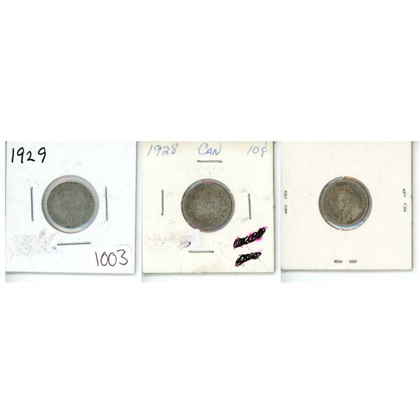 1929, 1928 and 1921 (80% Silver) Canadian Dimes