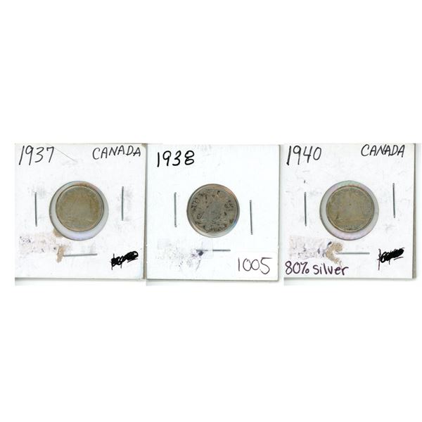 1937, 1938 and 1940 Canadian Dimes