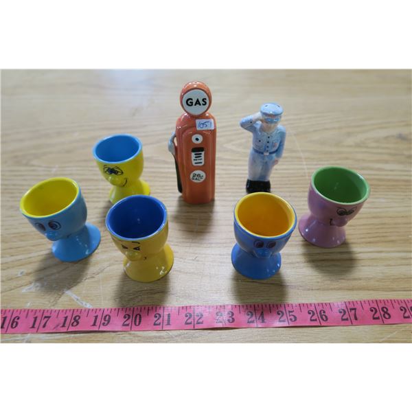 Salt and Pepper Shakers - Gas Pump and Attendant and 4 Cartoon Cups