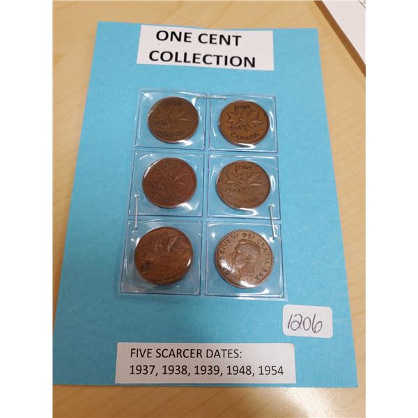 1937-1939, 1948, 1954 - 6X Canadian George V One Cent Coins