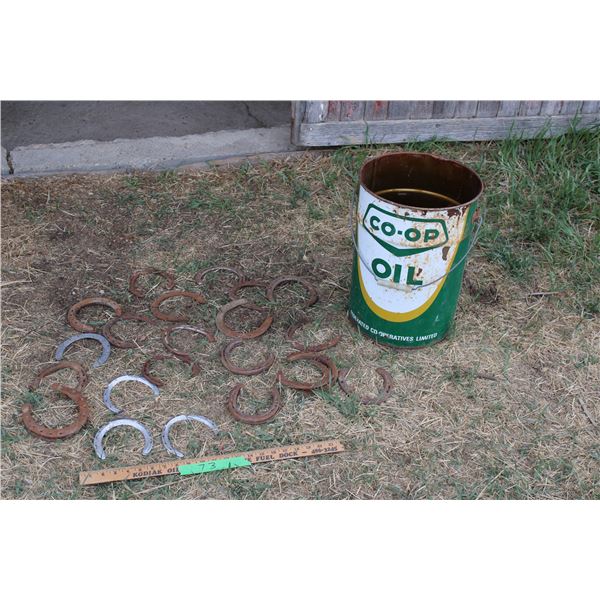 Pony and Vintage Horseshoes with Coop 5 Gal Oil Pail