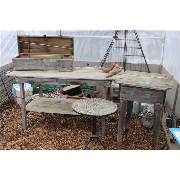 2 Wooden Tables, Wooden Storage Box and Table with Metals Legs and Piece of Unique Wood..