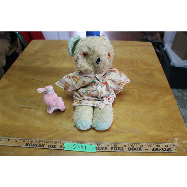 Vintage Teddy Bear and Stuffed Toy Rabbit