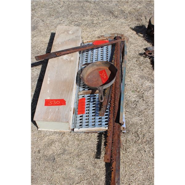 Saw Blades Vintage Wooden Box Cast Iron Frying Pan