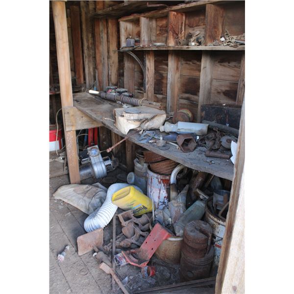 Lot of Contents In Shed Scrap Iron Tools Misc Items Pails of Bolts Esso Containers B/A Garbage Barre