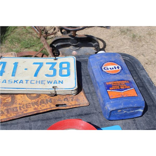 Gulf Snow Mobile Engine Oil with 1947, 1953, 1961, 1976 Sask Licence Plates - 15 Licence Plates