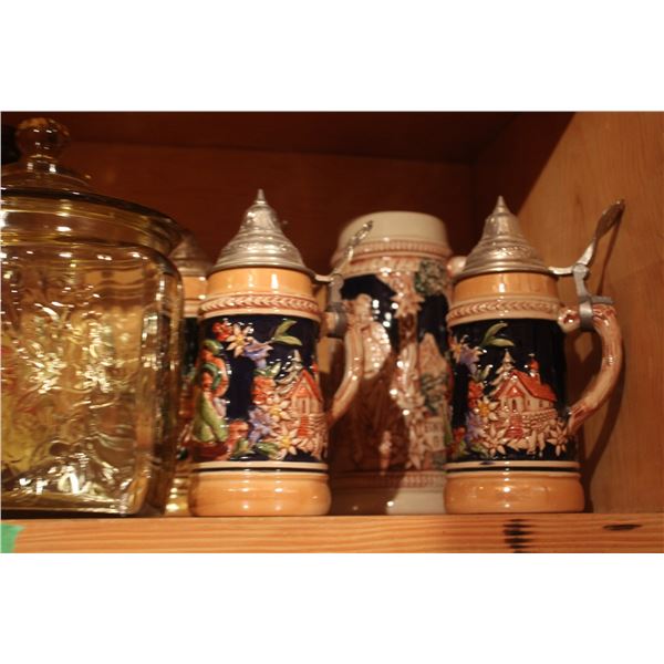 German Beer Steins Beer Bottle Fancy Glass Amber Depress Glass Madrid pattern cookie jar w/ lid