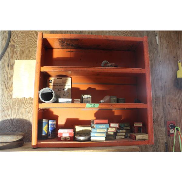 Cabinet with Misc Spark Plug Tire Repair Bearings