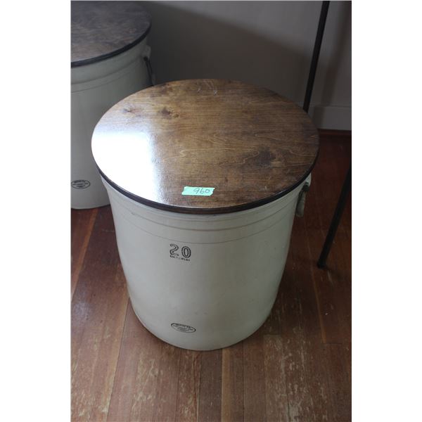 20 Gallon Imperial Medalta Crock with Wooden Lid and Handles