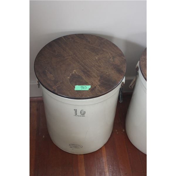 10 Gallon Imperial Medalta Crock with Wooden Lid and Handles