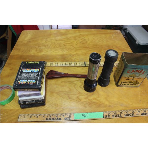 (2) Flashlights, Ruler, Folding Wooden Rules, Camel Vulcanizing Tins, 8 Tracks, Misc
