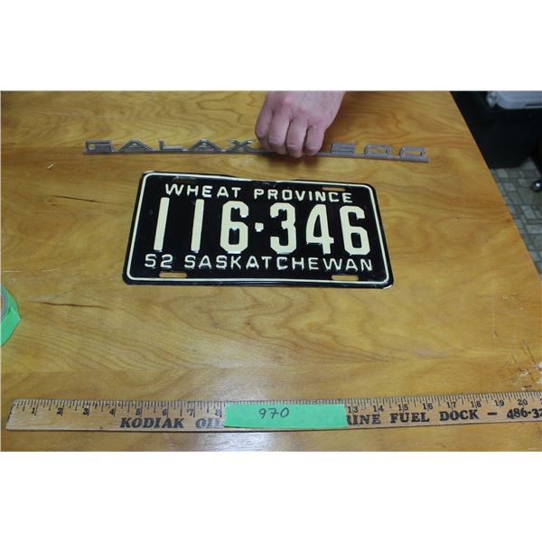 Vehicle Emblem, 1952 Sask Licence Plate