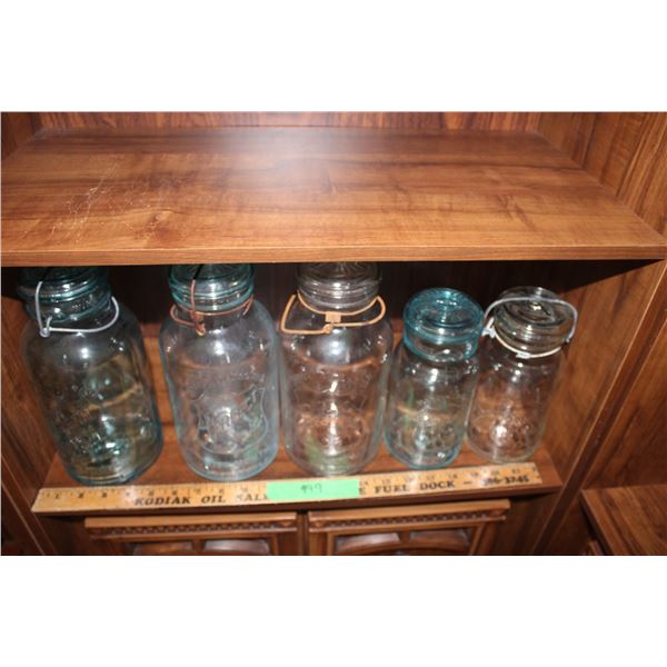 5 Vintage Mason Jars (3 are blue)