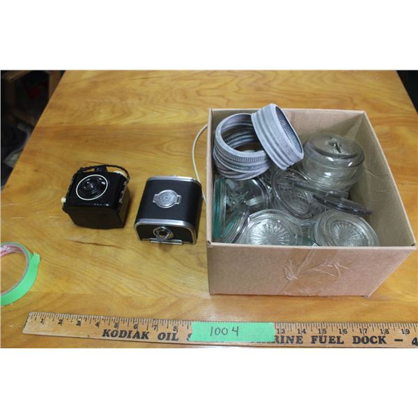 Baby Brownie and Kodak Cameras Plus Mason Jar Lids and Hasselblad Camera back plus Misc