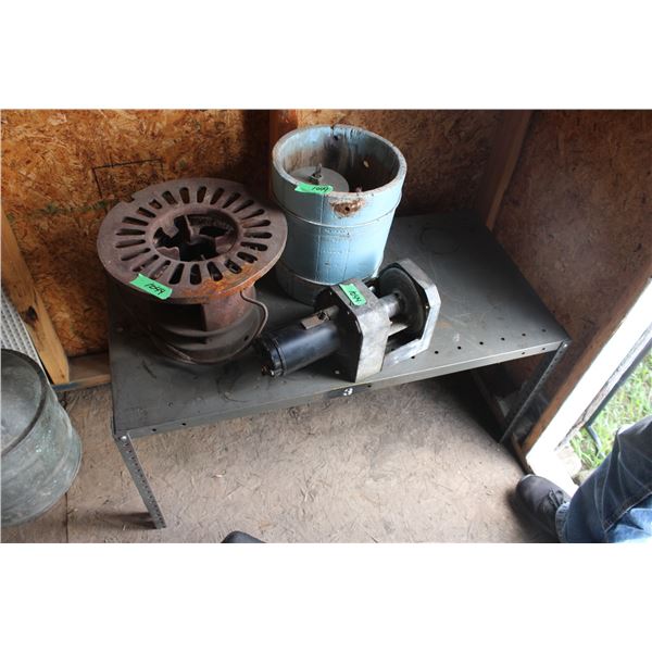 Vintage Cast Iron Heater, Stove? With Vintage Ice Cream Maker and a Winch