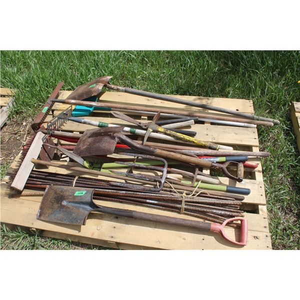 Pallet of Garden Tools Rakes Spades Shovels
