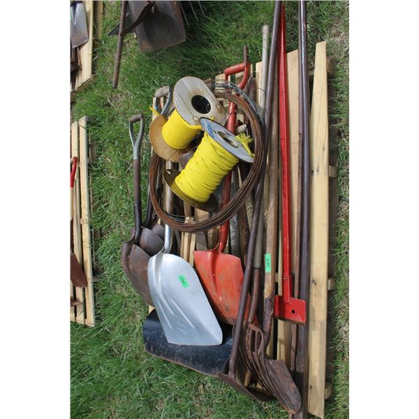 Pallet of Ice Picks Ropes Shovels Fork