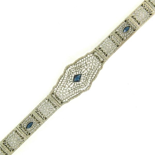 Antique Art Deco 10k White Gold 7" Wide Marquise Filigree & Sapphire Bracelet