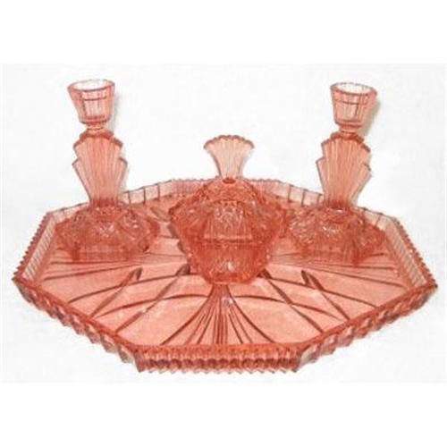Pink Depression Glass Art Deco Vanity Set 1856493