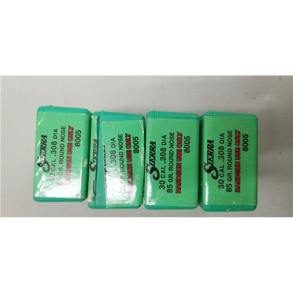 400 (FOUR BOXES) OF SIERRA 30 CAL, 85 GRAIN ROUND NOSE, HANDGUN BULETS