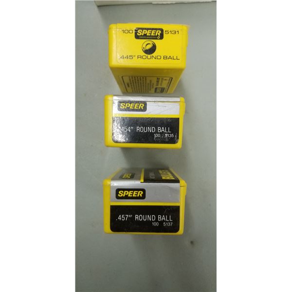 THREE BOXES OF ASSORTED SPEER ROUND BALL BULLETS 445", 454", 457"