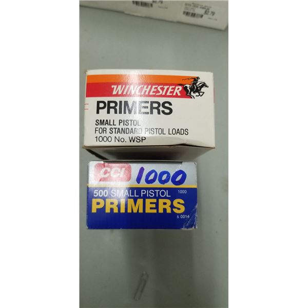 1000 CCI SMALL PISTOL PRIMERS PLUS 300 WINCHESTER SMALL PISTOL PRIMERS