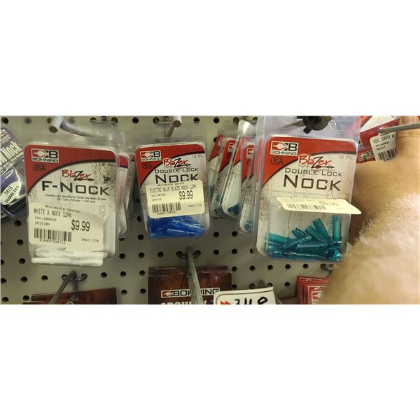 BOHNING DOUBLE LOCK NOCK, F NOCK WHITE, BLUE, TEAL, 12 PACK QUANTITY OF 24 RETAIL VALUE $240