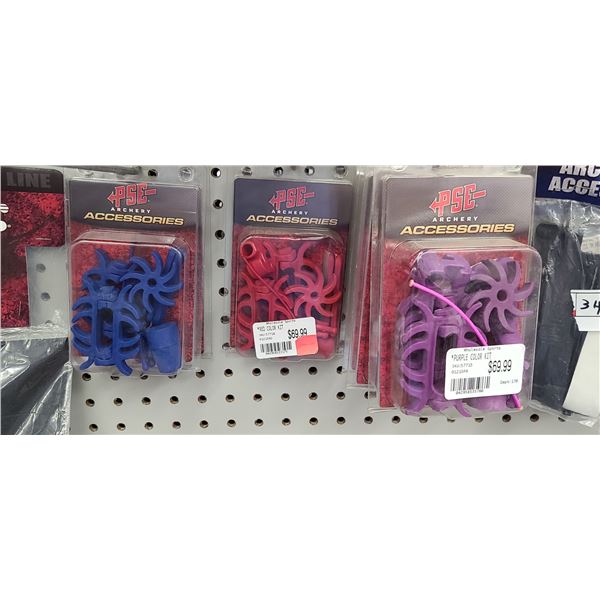 PSE ARCHEY ACCESSORIES VARIETY COLOR KITS (PURPLE, BLUE AND RED) QUANTITY OF 9 RETAIL VAUE $560