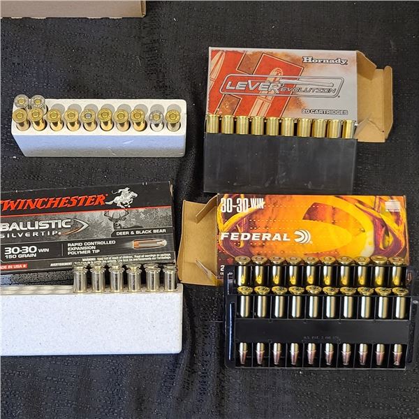 30-30 AMMO TWO FULL BOXES AND TWO PARTIAL BOXES. HORNADY, FEDERAL, AND WINCHESTER