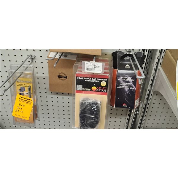 MISC. LOT OF MOJO 6V CAR CHARGERS, AUTO FLW FILTER CARTRIDGE AND OTHER