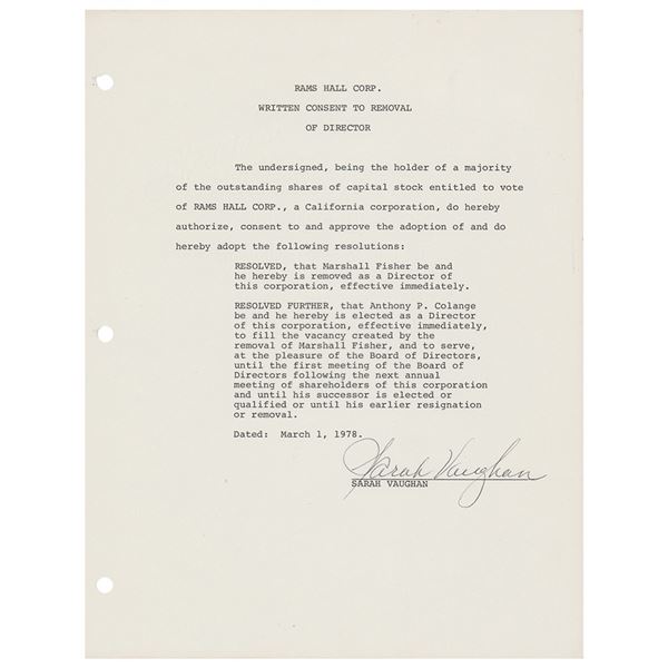 Sarah Vaughan Document Signed