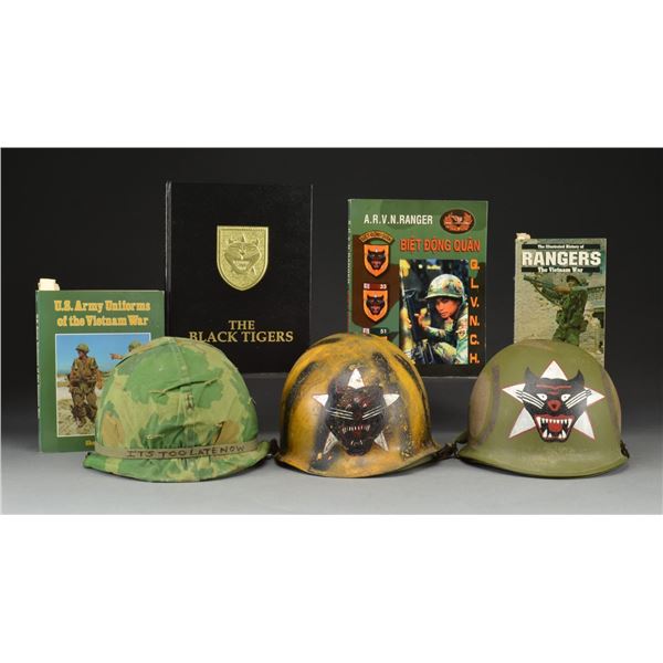 2 SOUTH VIETNAM RANGER HELMETS, 1 M1 HELMET