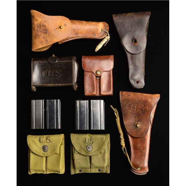 VARIOUS U.S. HOLSTERS, POUCHES & 4 CARBINE MAGS.