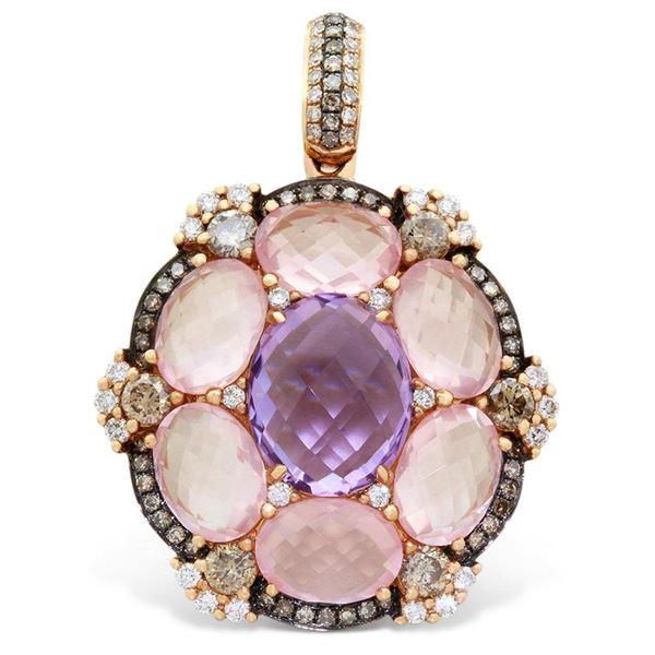 18k Rose Gold  10.30 ctw Amethys and Rose Quartz and Brown Diamonds Pendant