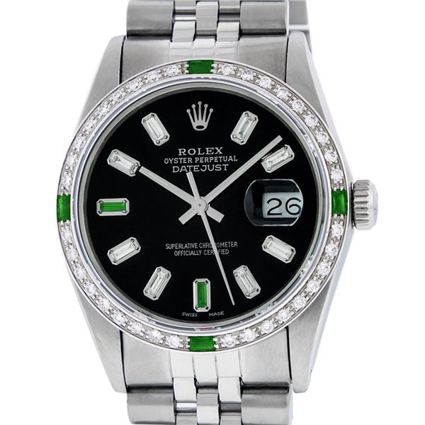 Rolex Mens Stainless Steel Black Baguette Emerald Diamond 36MM Datejust Wristwat