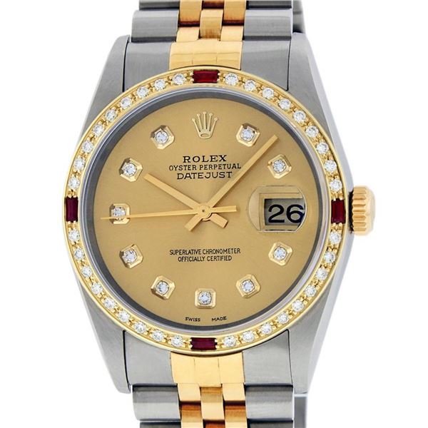 Rolex Mens 2 Tone Champagne Diamond & Ruby 36MM Datejust Wriswatch Oyster Perpet