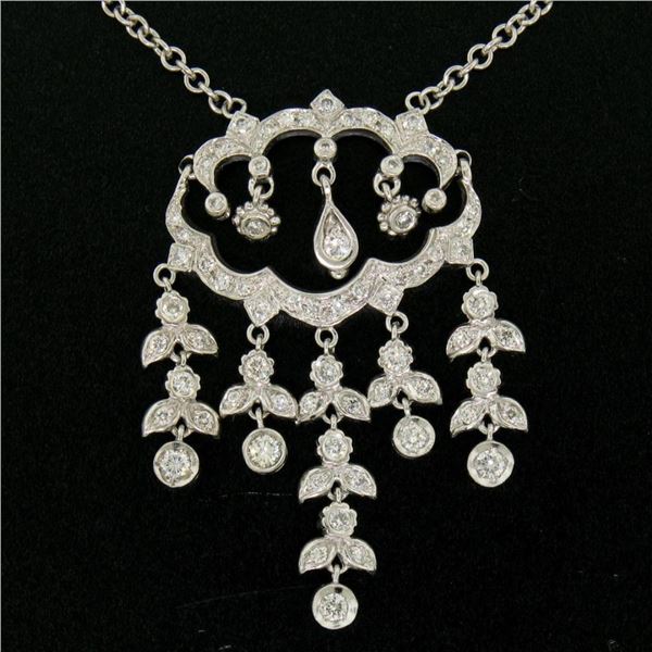 14k Solid White Gold 1.50 ctw Round Brilliant Diamond Tassel Chandelier Necklace