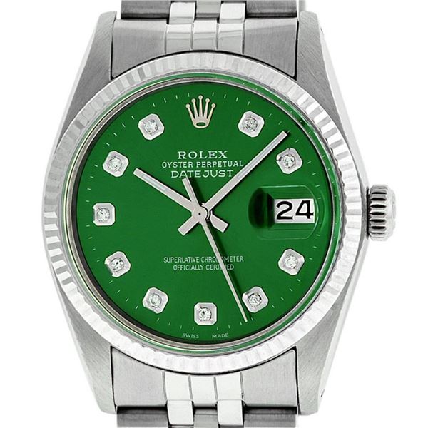 Rolex Mens Stainless Steel Green Diamond 36MM Datejust Wristwatch