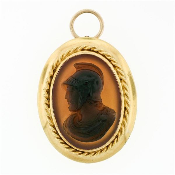 Vintage 14k Gold Carved Brown Agate Trojan Twisted Wire Frame Pin Brooch Pendant