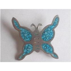 Butterfly Brooch Alpaca Silver Turquoise Inlay #1852581