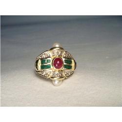 14K YG Ruby Sapphire Emerald Diamond Pearl Ring#1854391