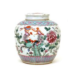 Old Chinese Famille Rose Tea Caddy w Figurine #1854574