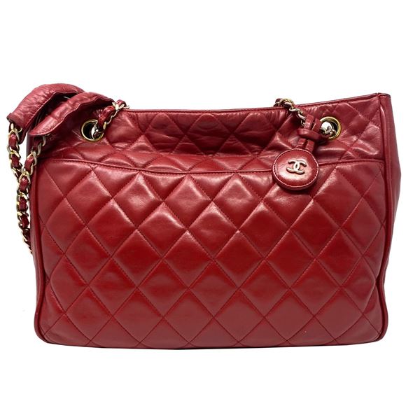 Authentic Chanel Red Quilted Lambskin Shoulder Bag