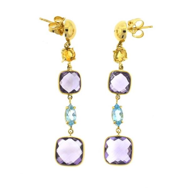 18k Yellow Gold Drop Amethyst /Blue Topaz/Citrine Earrings