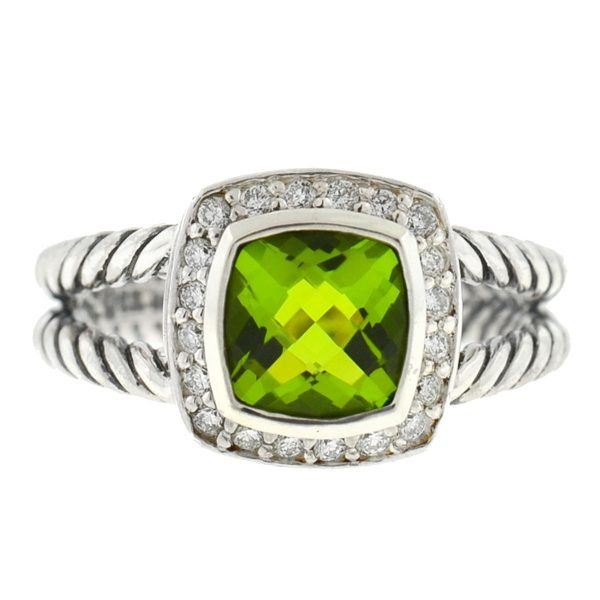 Authentic David Yurman Sterling Silver Petite Albion Peridot Diamond Ring