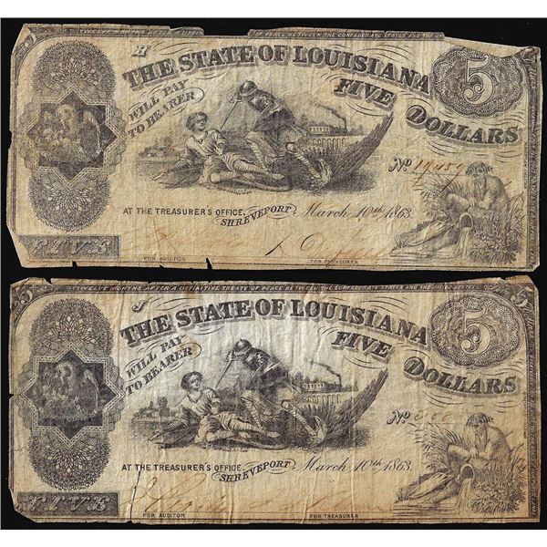 Lot of (2) 1863 $5 The State of Louisiana Baton Rouge, LA Obsolete Banknotes