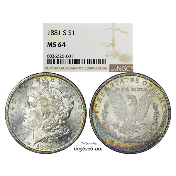 1881-S $1 Morgan Silver Dollar Coin NGC MS64 Amazing Toning