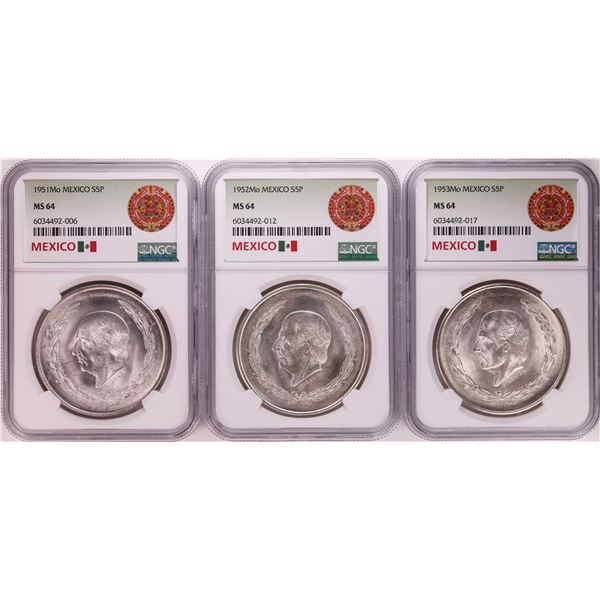 Lot of 1951-1953Mo Mexico 5 Pesos Silver Coins NGC MS64